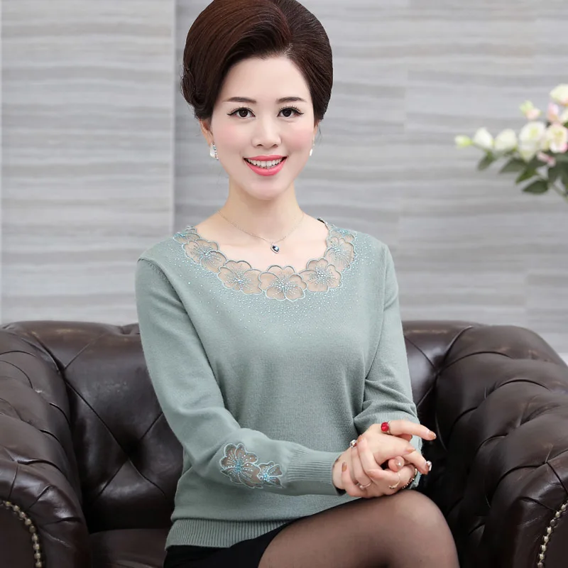 

Autumn Winter Middle Aged Women Sweaters And Pullovers Lace Patchwork Knitted Sweater Female Loose Pull Femme Sueter Mujer