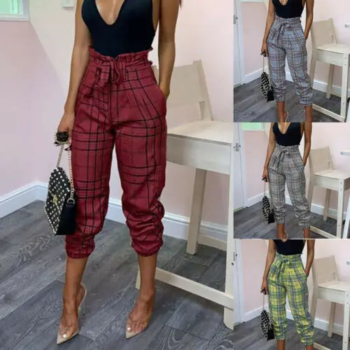 

Women Skinny Pants High Waist Slim Stretch Elastic Trousers Leggings Plus Size Sweet Casual Plaid Vintage Bottoms 4 Colors