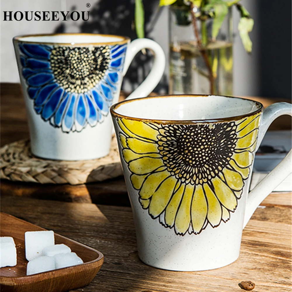 HOUSEEYOU с рисунком подсолнуха, кофейная кружка с ложкой, с широким краем, большая емкость, чашки для чая, воды, молока, напитков, кружки, чашки для чая