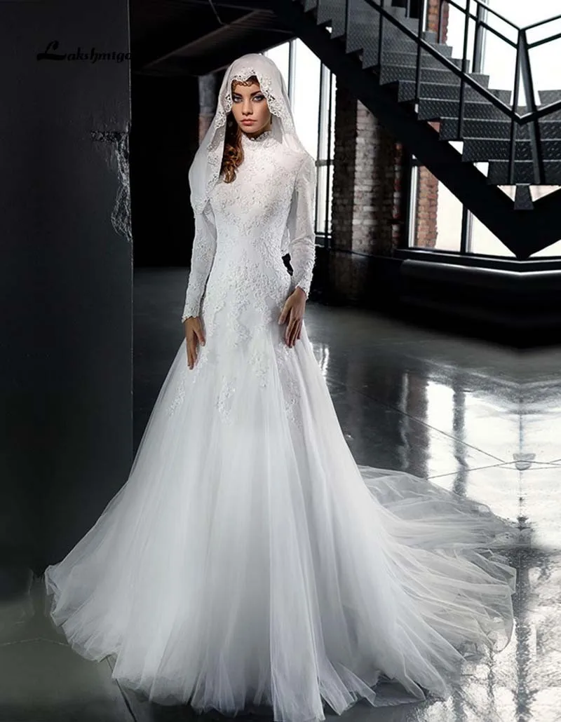 romantic white long font b hijab b font wedding dresses with sleeves 2017 high neck appliques