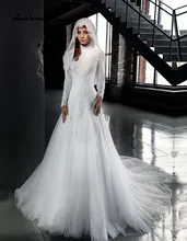 romantic white long font b hijab b font wedding dresses with sleeves 2017 high neck appliques
