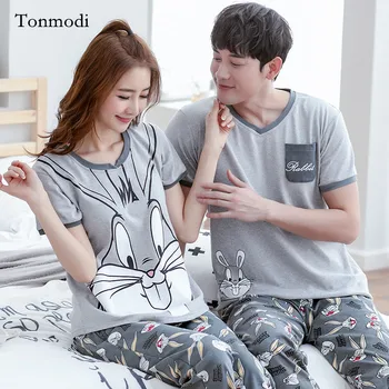 

Couple Pajamas Women Summer Lovers Sleepwear Cotton Loose Short sleeve Trousers Clothing Pyjamas Men And Women Lounge Pajama Set