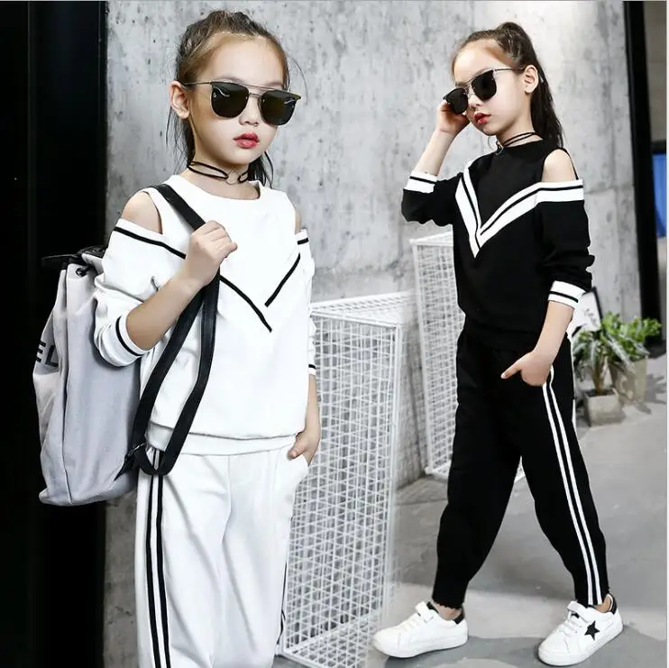 

2018 new wholesale girls 2 pcs set off shoulder sweatshirt +long pants fashion autumn spring girls suit 4-9t A391