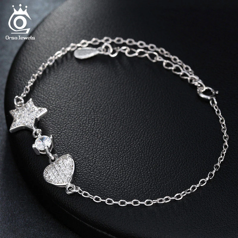 

ORSA JEWEL Casual Silver Bracelet with Love Heart&Star Pendant 2019 New Fashion Bracelets Bangles Jewelry for Women OB45