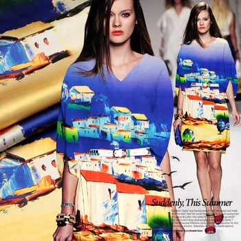 

120*118cm 19mm 93% silk & 7% spandex house and ocean oil paiting print blue silk satin fabric for dress shirt clothes 002