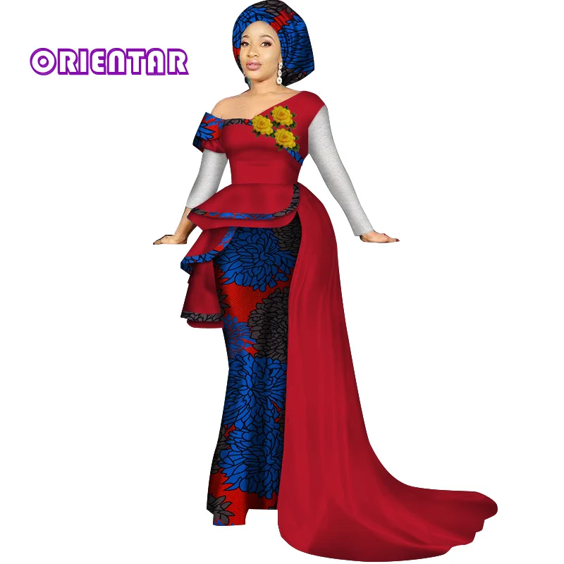 

Classic Traditional African Long Dress Women One-Shoulder Lace Sleeve Wedding Party Dresses African Bazin Riche Clothing WY213