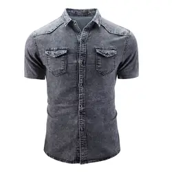 Джинсовая рубашка для мальчиков в английском стиле с коротким рукавом, лето 2019, Новые Топы с отложным воротником, джинсовые рубашки для