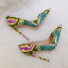; модные женские туфли-лодочки; женские разноцветные туфли на высоком каблуке с острым носком и змея-Питон; 12 см; 10 см; 8 см