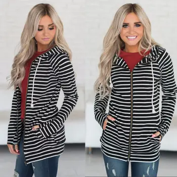 

Womens Long Sleeve Hooded Loose Striped Jumper Zipper Outwear Autumn Winter Coat