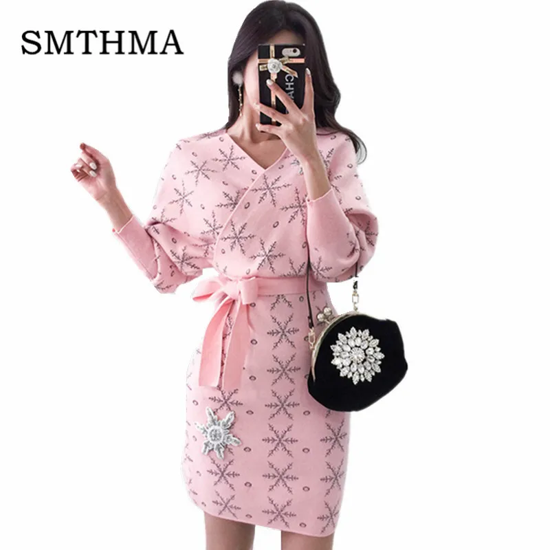 

SMTHMA Women Sweater Dress Sexy Double V neck Batwing Sleeve Snowflake Embroidery Diamond Knitted Dress Pink Black Party Dress