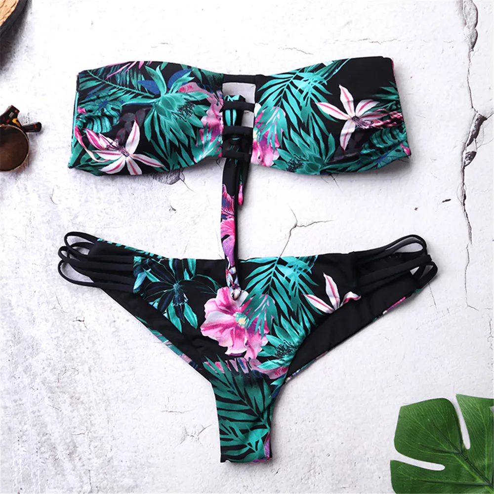 

Strapless Bikini 2019 Push Up Swimsuits Busty Biquini Swimwear Women Flora Bikini Set Beachwear Off Shoulder Bathing Suit