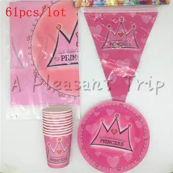 

61pcs pink crown theme decorative paper 20pcs flag + 20 cup + 20 boards + 1 tablecloth for children birthday party supplies