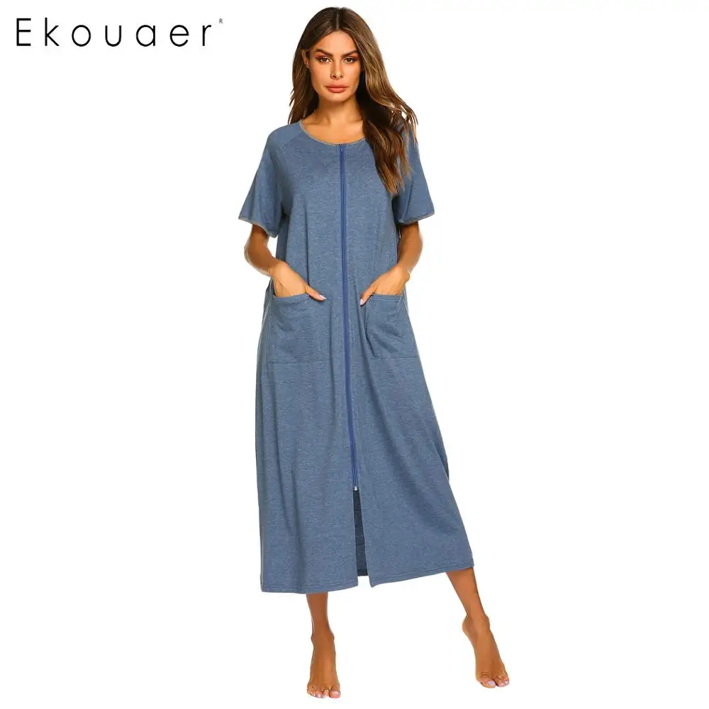 

Ekouaer Long Sleepshirts Nightgown Women O-Neck Short Sleeve Plaid Zipper Pockets Calf Length Loose Nightdress Summer Nightwear