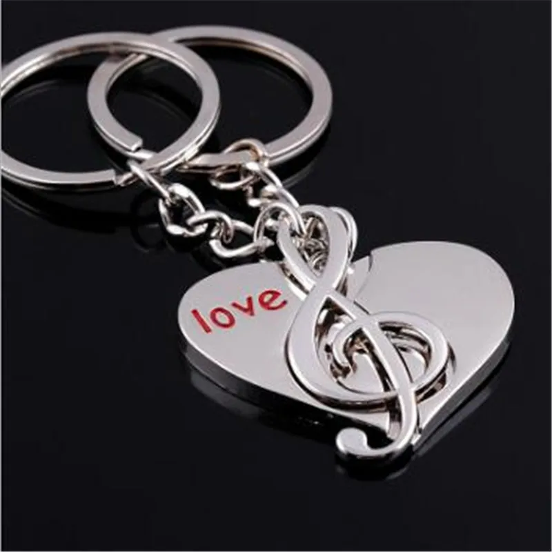 

WKOUD 2 pcs/lot Lovers Gift keychain Couple Love Heart Musical Note key chain Key Ring Free Shipping
