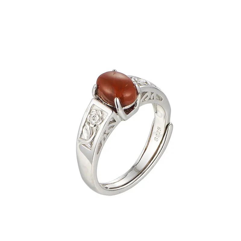 

RADHORSE 925 Silver Rings for Women Fine Jewelry Oval agate Real 925 Silver Folklore style Adjustable Ring