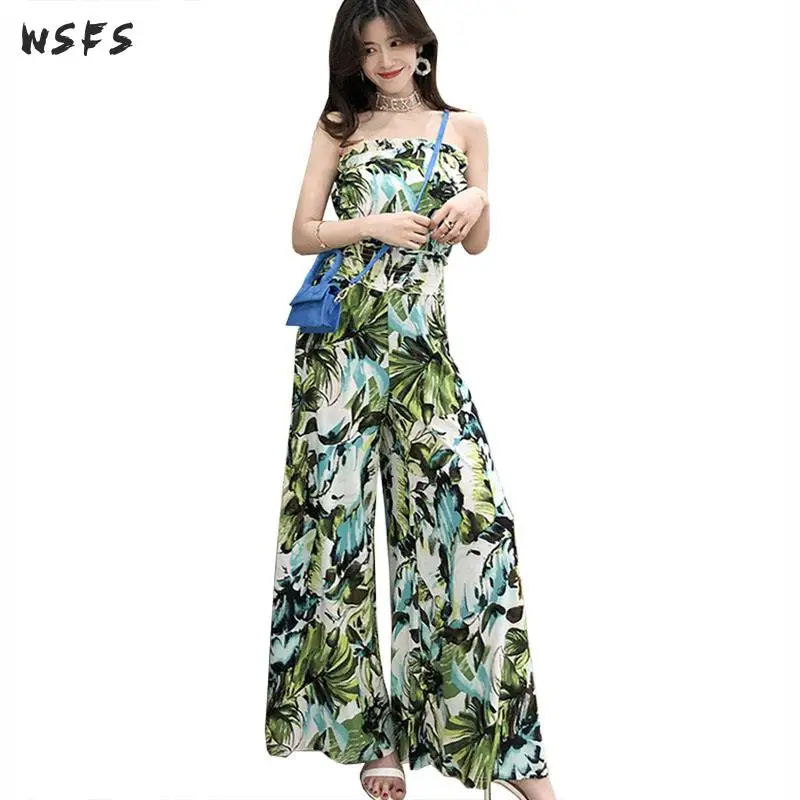 

Summer Green Floral Jumpsuit Off Shoulder Strapless Backless Long Pants Lady Casual Beach Trousers Boho Sexy Womens Jumpsuits