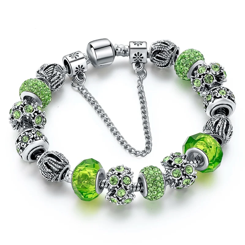 Прямая поставка, очаровательные ювелирные изделия, серебряные браслеты для женщин, синие Кристальные бусины, браслет для женщин, Браслеты Mujer SBR160158 - Окраска металла: Green