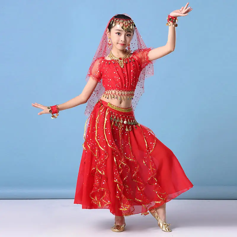 Детская одежда для детей сари наряд для выступлений костюм Болливуд с короткими рукавами для девочек, комплект из 5 предметов, много цветов - Цвет: red