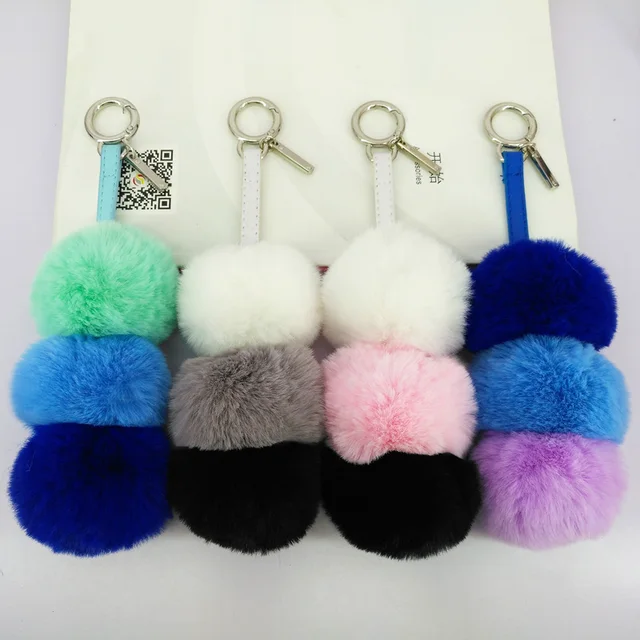 Plush Ball Keychains 3 layers Fluffy Pompoms Fur Balls Keyring for