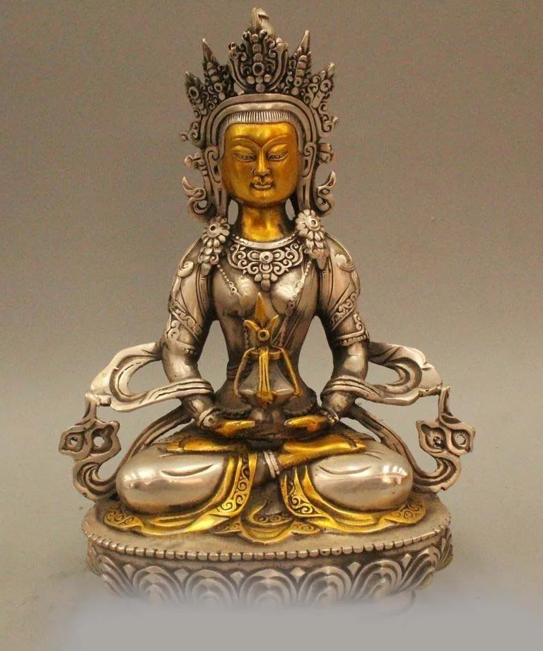 

8" Tibet Buddhism Silver Gild Amitayus longevity God Goddess Statue Sculpture