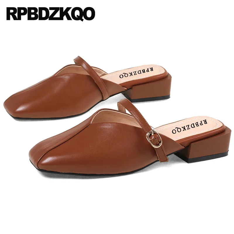 

Designer Block Heels Shoes For Women Genuine Leather Square Toe High Quality Low Chunky Sandals Elegant Mules Slipper Brand