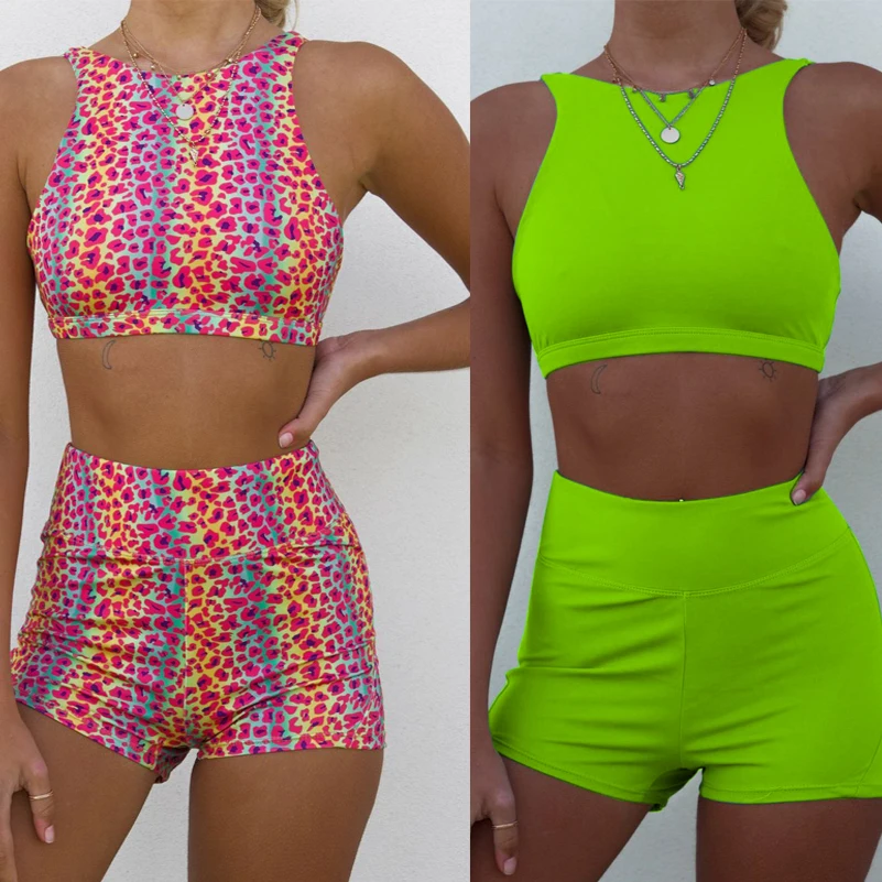 

Women Swimsuit High Waist Bikini Sports Set Female Sexy Jumpsuits Tights Swimwear Women Push Up Shorts Yoga High Neck Bikini Set