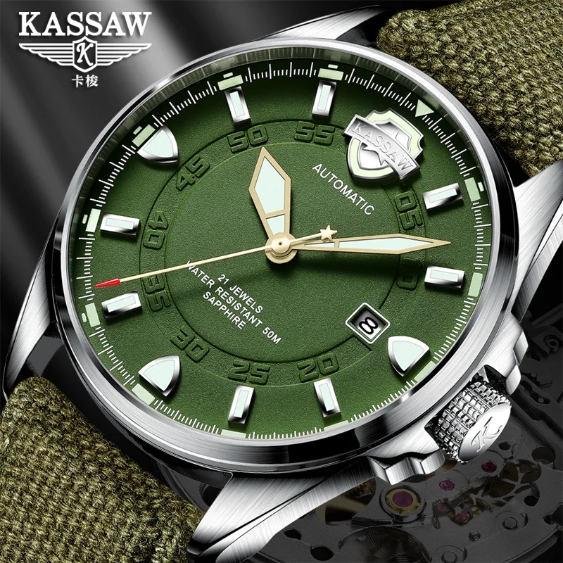 KASSAW Luminous military watch men leather automatic mechanical watch men's luxury brand sports Man Watches relogio masculino