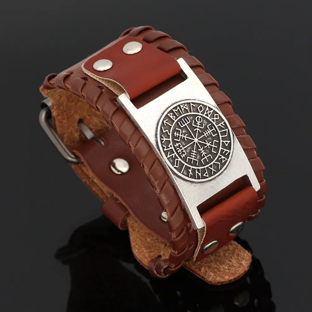 Nodic viking Vegvisir компас кожаный амулет символ Одина браслет регулируемый размер 19 25