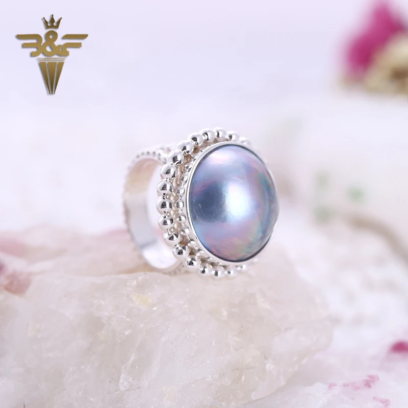 

Round Shape Mosaic Sterling 925 Silver Ring Pearl Jewelry charms Gift For Lovers Ring 25x13mm 19.45g