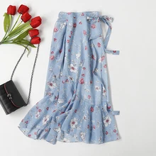 Неровность на шнуровке с модным принтом высокой талии расцветка Юбки Женская юбка Joker Новая Летняя женская шифоновая юбка средней длины