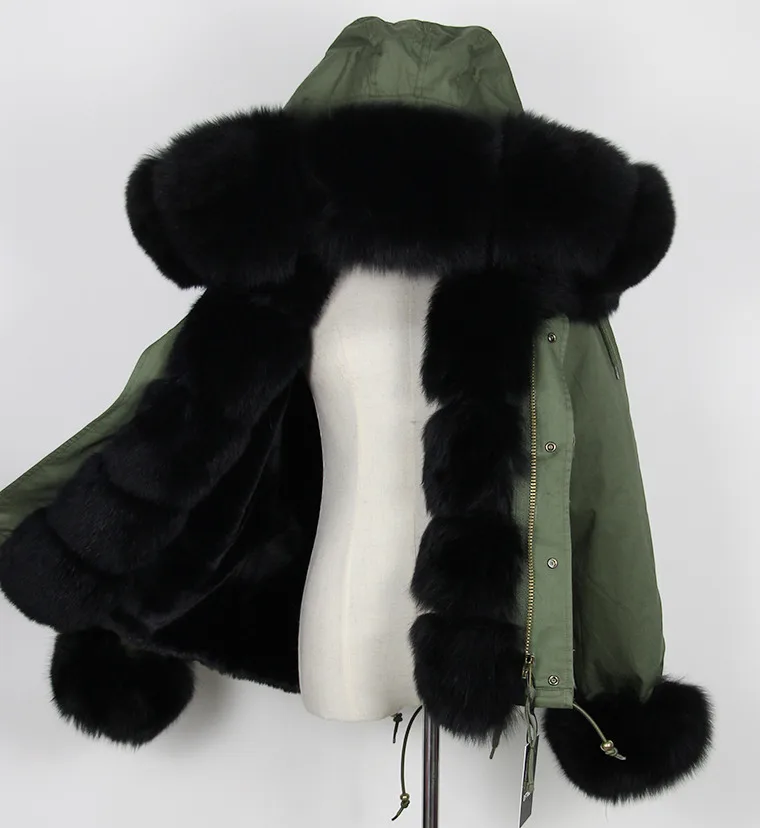 Брендовая женская зимняя куртка, пальто, Толстая теплая меховая подкладка, женские парки, большой натуральный Лисий мех, воротник с капюшоном и Лисий мех, розовый, черный - Цвет: green coat black