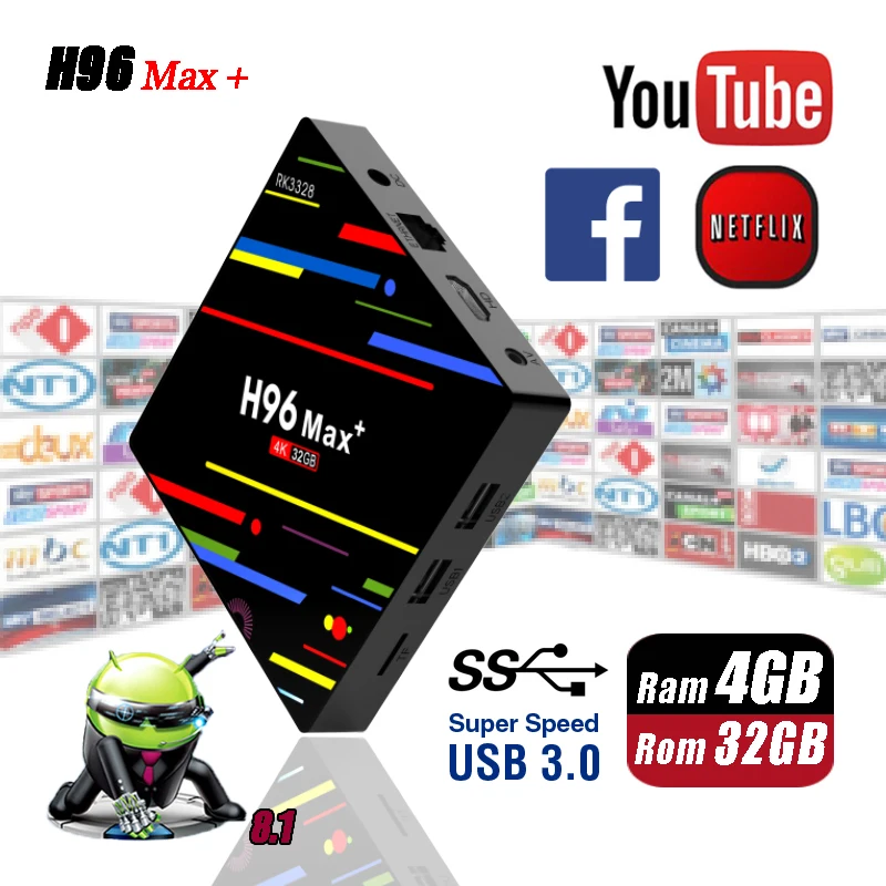 

H96 Max + Plus 4G 32G Android 8.1 USB 3.0 Smart TV Box RK3328 Quad-Core 2.4GHz WiFi Set Top Boxes H.265 4K HD Media Player