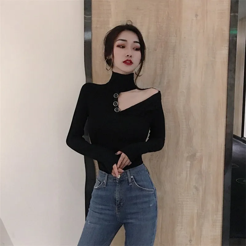 

Autumn Winter Turtleneck Knitted Pullovers Women Button Thin Tops Solid Casual Off-Shoulder Long Sleeve Slim Sweater