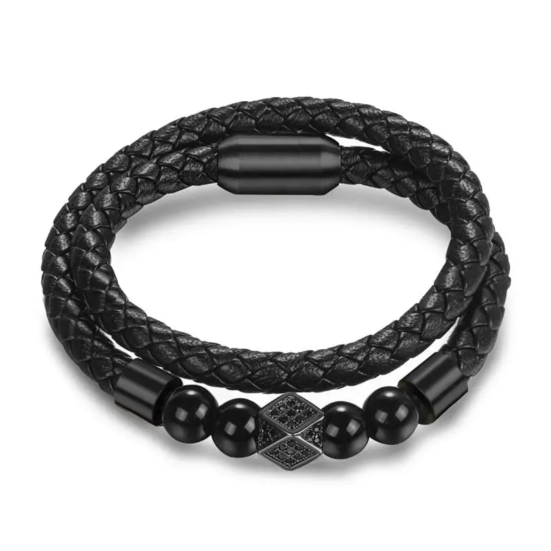 Jiayiqi New Fashion Leather Beaded Bracelet For Men Women Braided Leather Rope Bangles Natural Stone Beads Punk Rock Men Jewelry - Окраска металла: Black 4