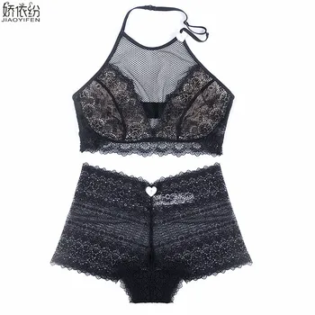 

JYF New sexy lace bra set french halter high waist panties women underwear set europe floral semi sheer lingerie bra brief sets