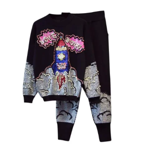 Amolapha женский ручной работы жемчуг свитер с пайетками брюки наборы длинный рукав Жемчуг буквы костюм с пуловером костюмы для женщин - Цвет: Черный