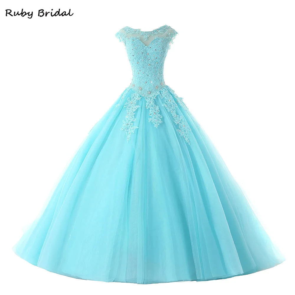 2016 Rubydress Hot Sale Sexy Blue Quinceanera Dresses Ball Gowns Long Blue Tulle Appliques Beaded Sweet