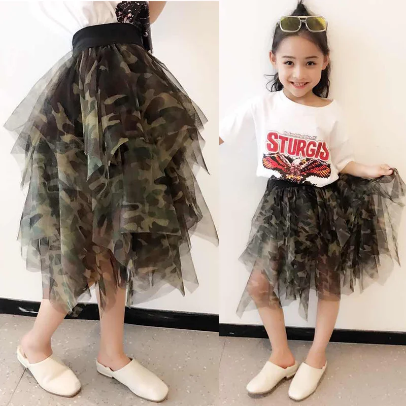 

2018 summer new girls fashion trend skirt camouflage pleated skirt princess skirt irregular