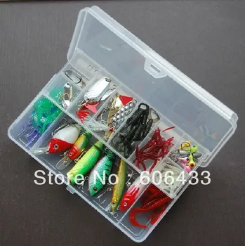

fishing Lure soft Spoon Mimmow Popper Pencil Frog Jig Head Bait Hook Tackle + Box set