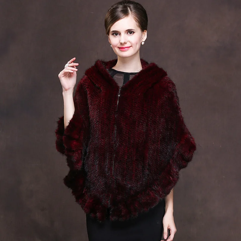 Hooded natural knit mink fur coats outerwear women real fur cloaks 2018 new style fashion zipper real mink fur jackets