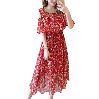 

Women Breastfeeding Dress Off Shoulder Floral Thin Breathable Slim Fit Dress for Summer M09