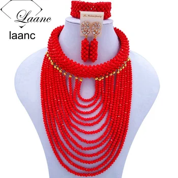 

Laanc Brand Latest Nigerian African Wedding Beads Crystal Red Opaque Indian Bridal Jewelry Sets Women Costume Necklaces AL307