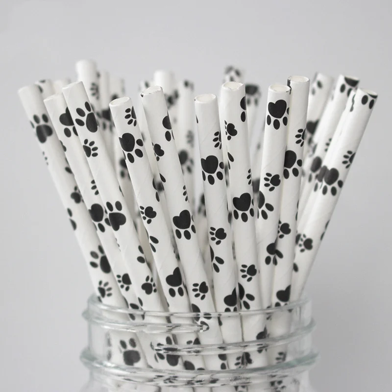 

25pcs Black Dog Paw paper drinking straw Black Theme Celebration Decor Party Straws Kids Craft Pet Dogs cool cow milk