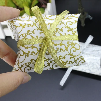 

European Silver Gold Printing Pillow Shape Candy Boxes Wedding Decor Favors Gift New Year Ribbons Sweets Baby Party Birthday