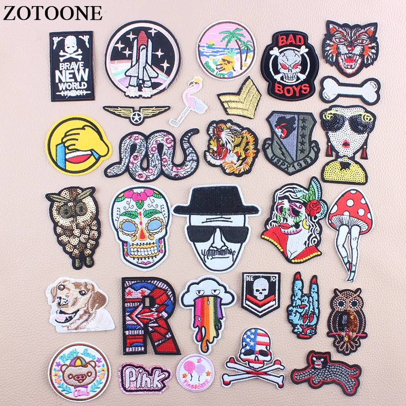 

ZOTOONE Iron On Skull Owl Military Patching For Clothes DIY Flower Snake Letter Sequin Patch Applications For Clothes Applique D