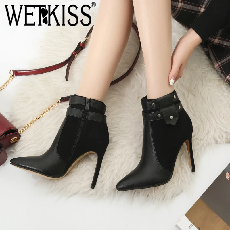 

WETKISS High Heesl Women Ankle Boots Pointed Toe Pu Footwear Rivet Female Boot Party Shoes Woman 2018 Winter Plus Size 32-46