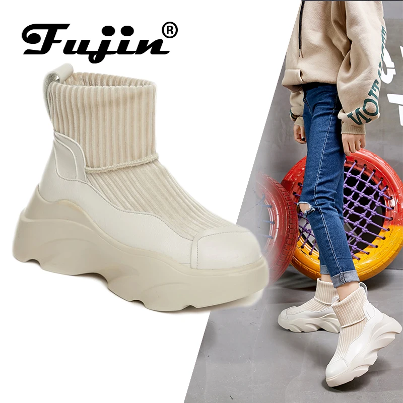 

FUJIN Brand Women Ankle Boots Winter Plush Keep Warm Boots Elastic Band Booties Height Increasing Female Shoes for Women Shoes