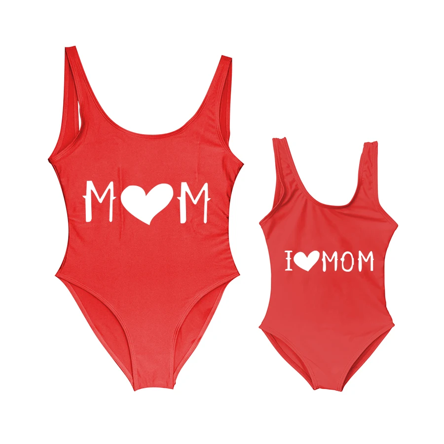 

New Baby Swimwear Girls' One Piece Swimsuit I LOVE MOM Heart Letter Printing Bathing Suit Cute Mom Baby Kid Bathing Suits Bather