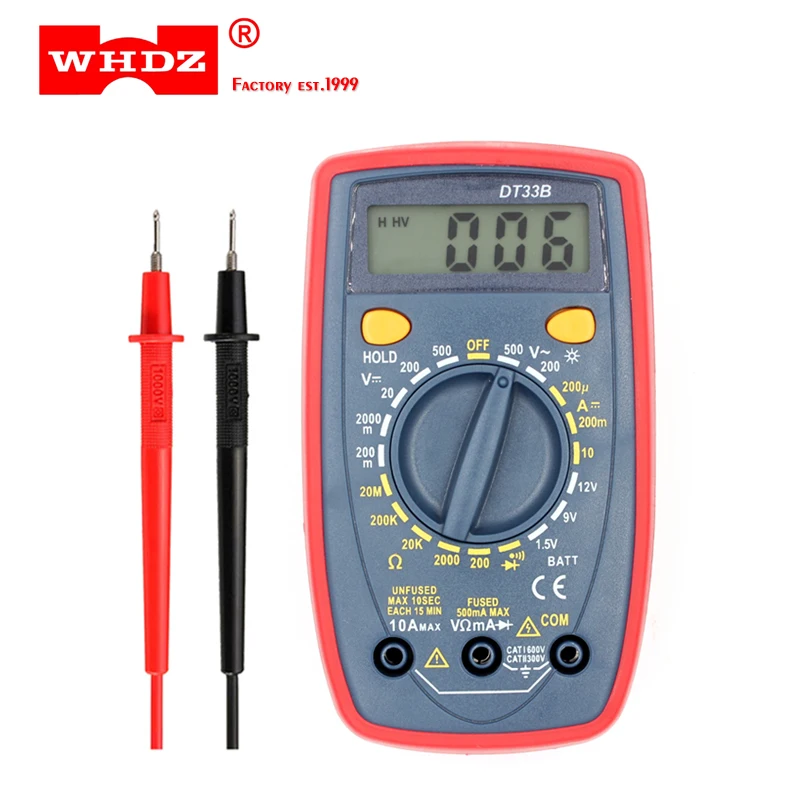 

WHDZ DT33B Digital Multimeter Backlight Buzzer Protection AC DC Ammeter Voltmeter Ohm Portable Meter Data Hold Battery Test