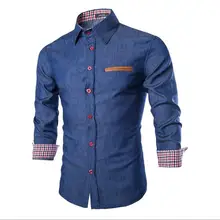 Новое поступление Особенности кожаный карман Рубашки для мальчиков Camisa Для мужчин повседневные джинсы рубашка с длинным рукавом Повседневное Slim Fit Мужской деним Рубашки для мальчиков